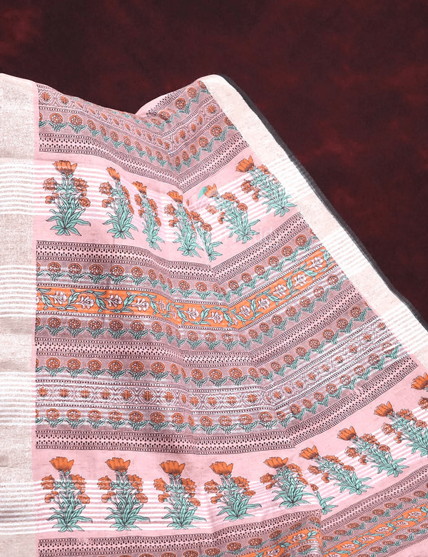 Unique Baby Pink Colored Cotton Linen Designer Printed Saree