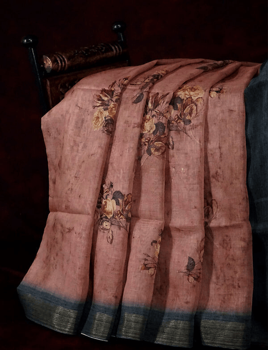 Unique Light Brown Colored Cotton Linen Designer Printed Saree - Ibis Fab