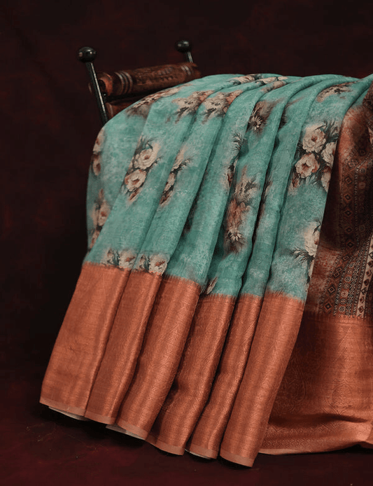 Unique Sky Blue Colored Cotton Linen Designer Printed Saree - Ibis Fab