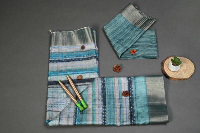 Unique Sky Blue Colored Cotton Linen Designer Printed Saree