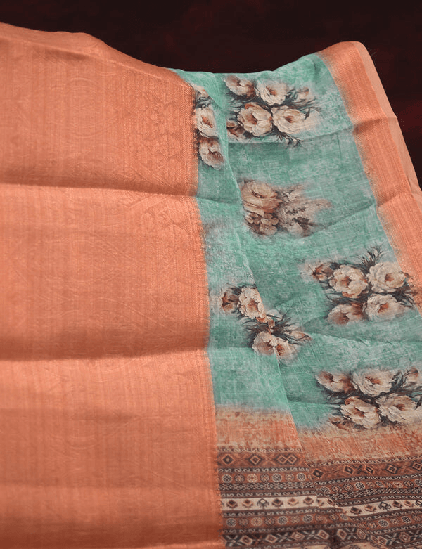 Unique Sky Blue Colored Cotton Linen Designer Printed Saree