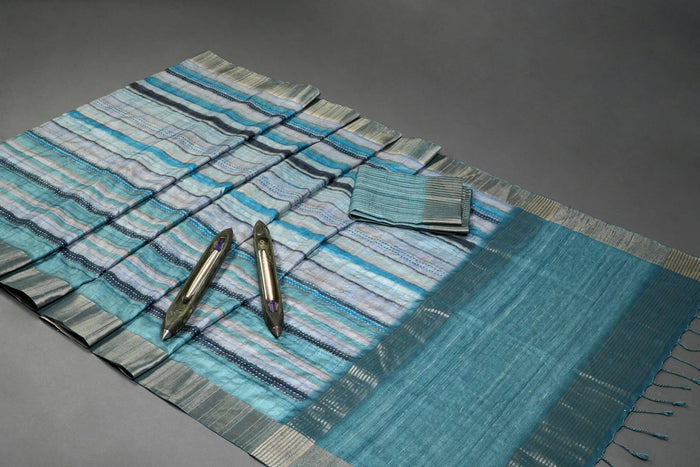 Unique Sky Blue Colored Cotton Linen Designer Printed Saree