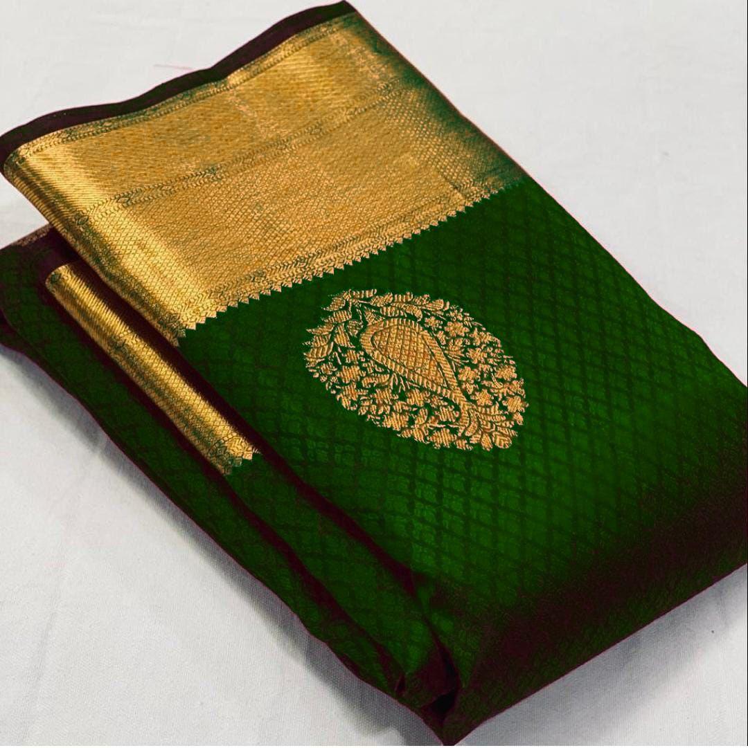 Wedding Wear Ladies Dark Green Jacquard Saree - Ibis Fab