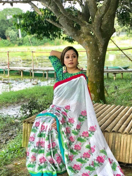 White and Green colored Linen Designer Printed Saree - Ibis Fab