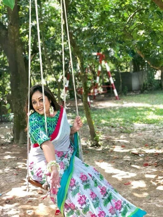 White and Green colored Linen Designer Printed Saree - Ibis Fab