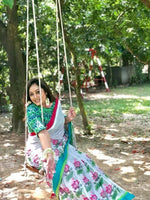 White and Green colored Linen Designer Printed Saree - Ibis Fab