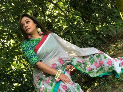 White and Green colored Linen Designer Printed Saree - Ibis Fab