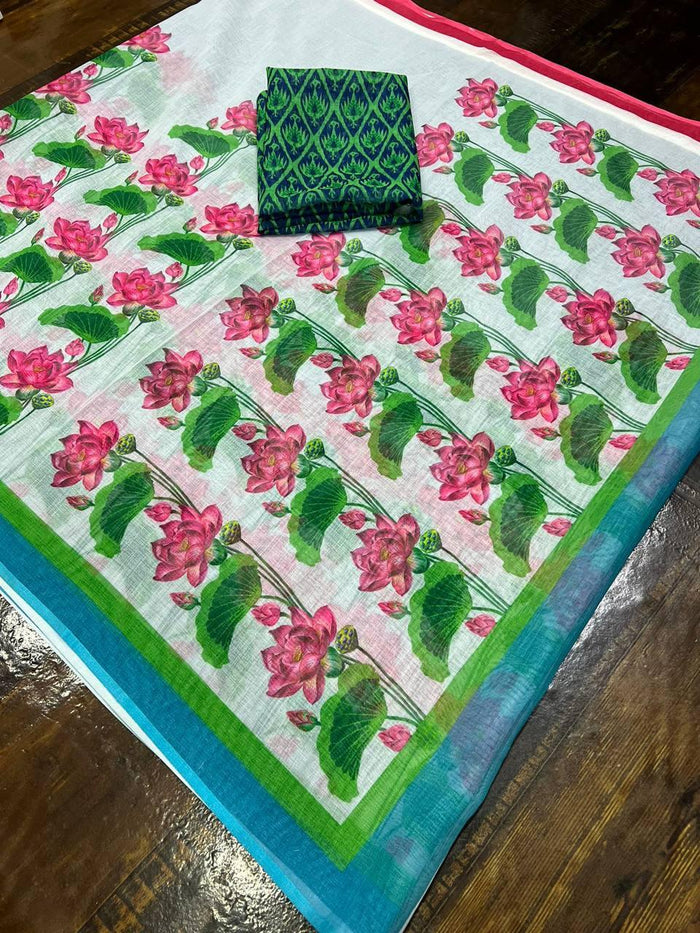 White and Green colored Linen Designer Printed Saree