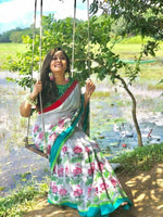 White and Green colored Linen Designer Printed Saree - Ibis Fab