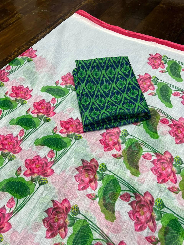 White and Green colored Linen Designer Printed Saree