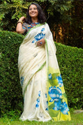 White And Green Party Wear Digital Painted Saree, With Blouse