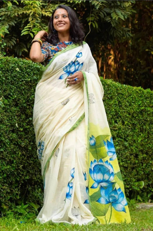 White And Green Party Wear Digital Painted Saree, With Blouse - Ibis Fab