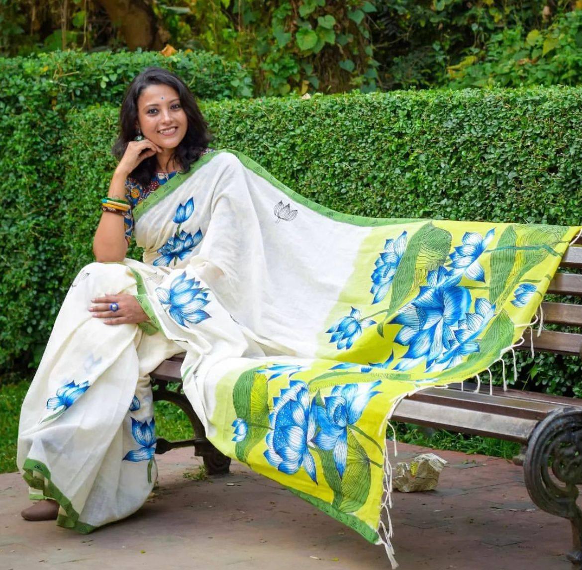 White And Green Party Wear Digital Painted Saree, With Blouse - Ibis Fab