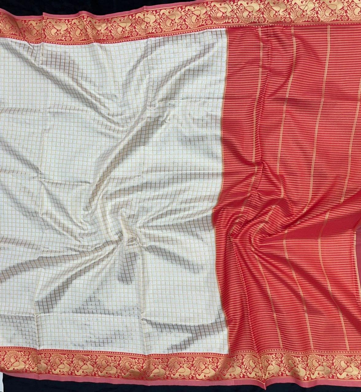 White And Red Checks Weaving Soft Silk Saree - Ibis Fab