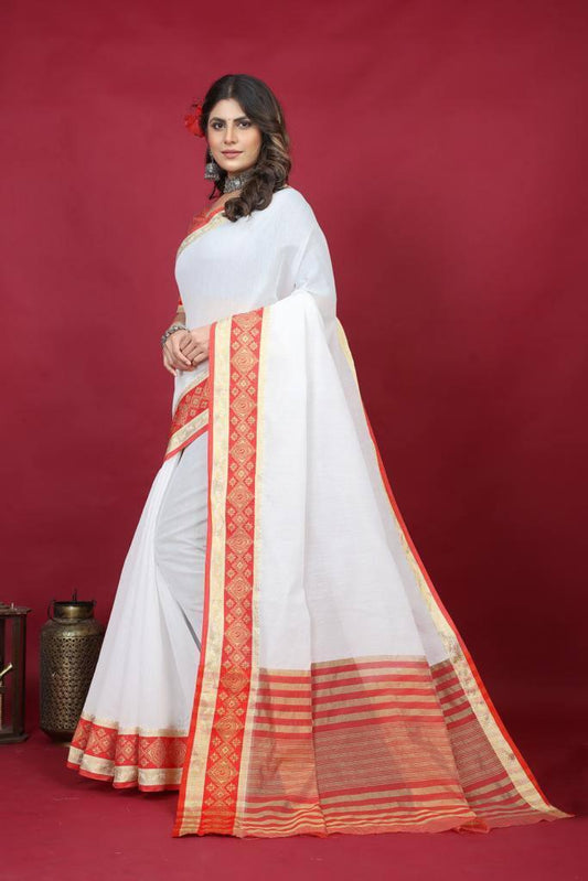 White And Red Color Digital Printed Saree With Blouse - Ibis Fab