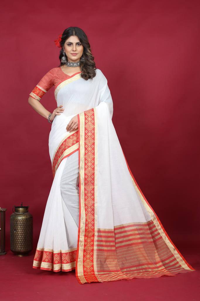 White And Red Color Digital Printed Saree With Blouse - Ibis Fab