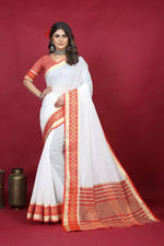 White And Red Color Digital Printed Saree With Blouse - Ibis Fab