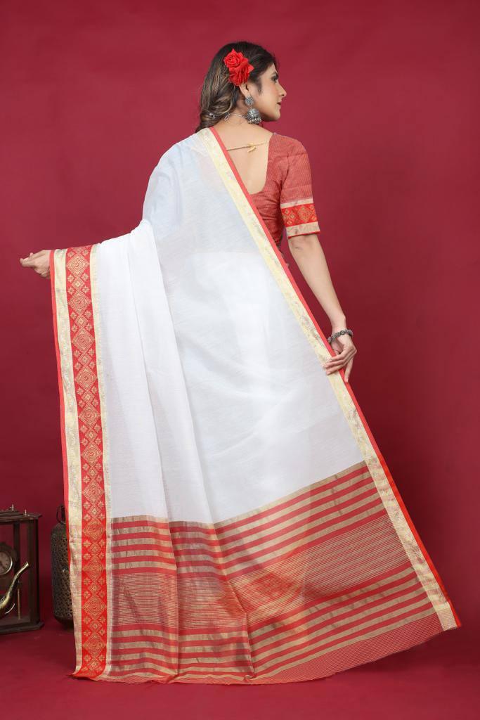 White And Red Color Digital Printed Saree With Blouse - Ibis Fab