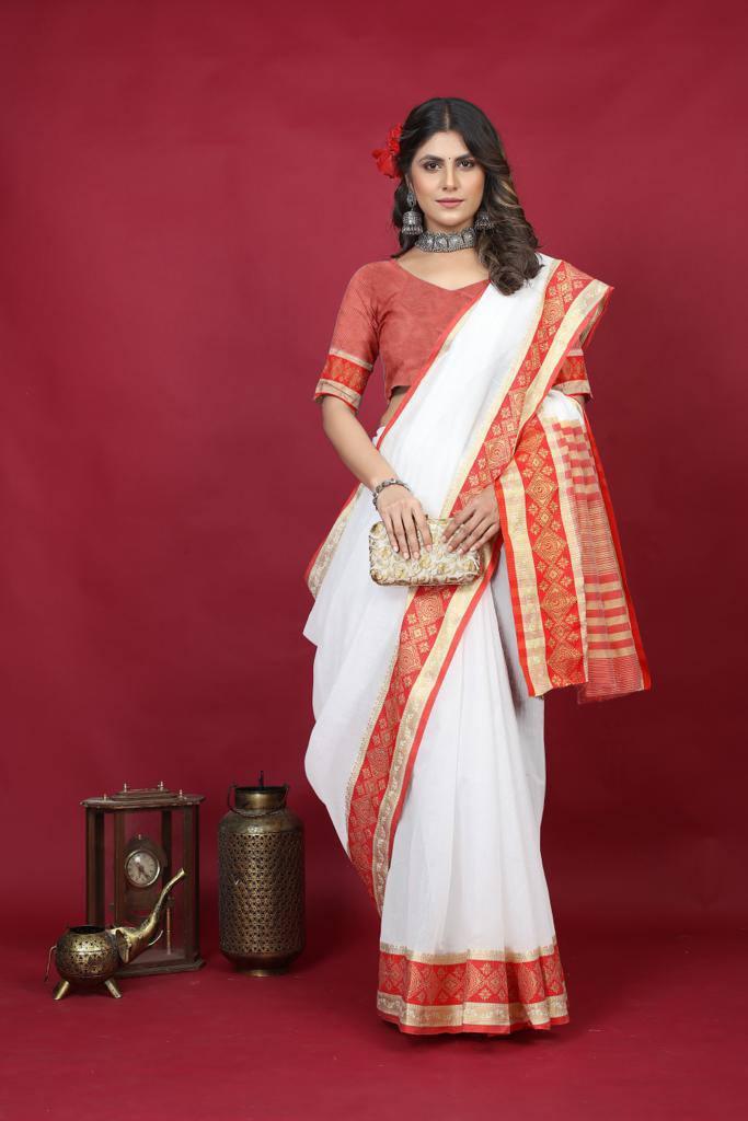 White And Red Color Digital Printed Saree With Blouse - Ibis Fab