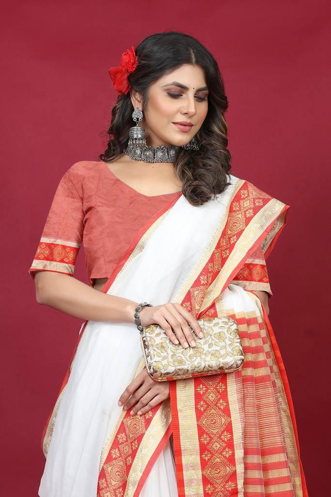 White And Red Color Digital Printed Saree With Blouse - Ibis Fab