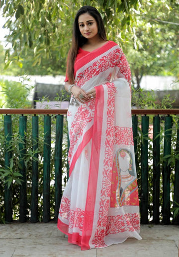 White And Red Linen Saree For Casual Wear With Printed