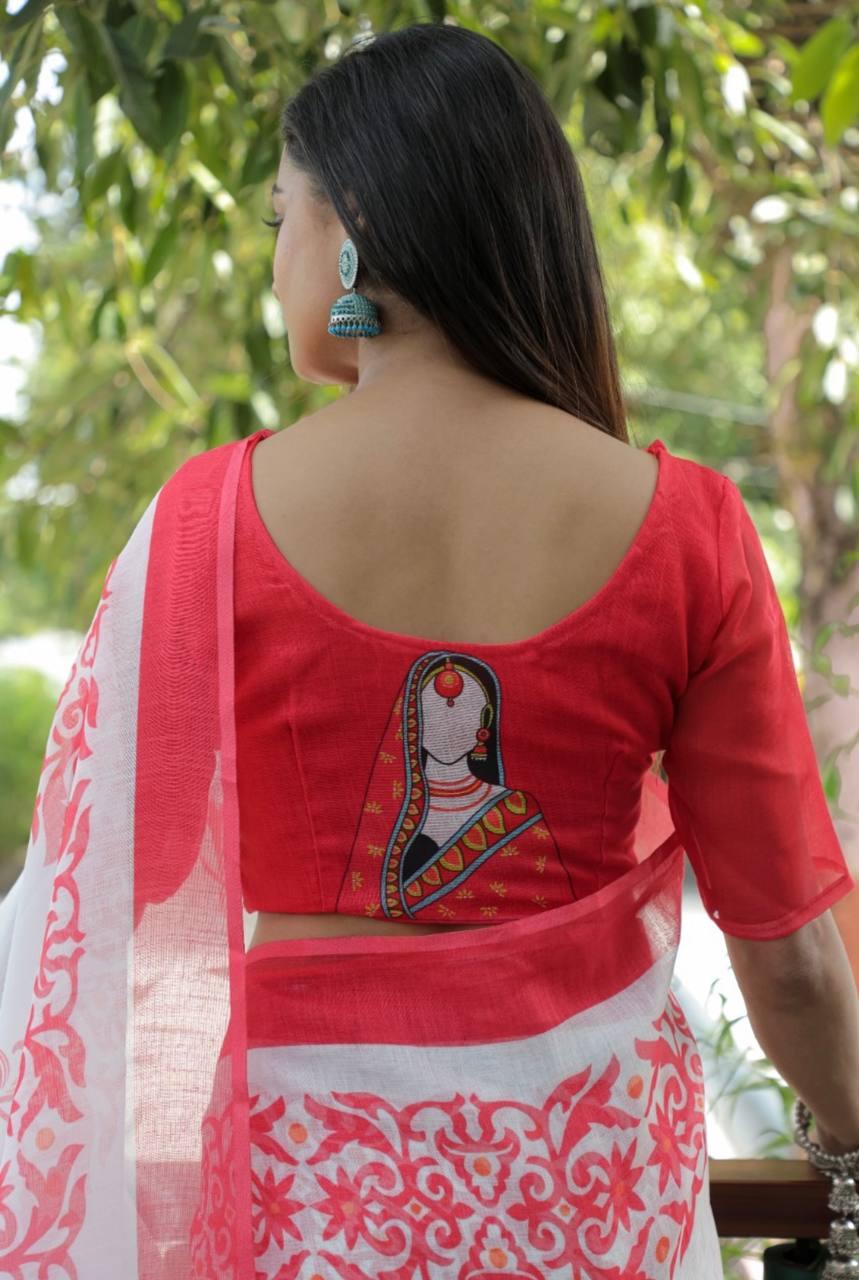 White And Red Linen Saree For Casual Wear With Printed - Ibis Fab