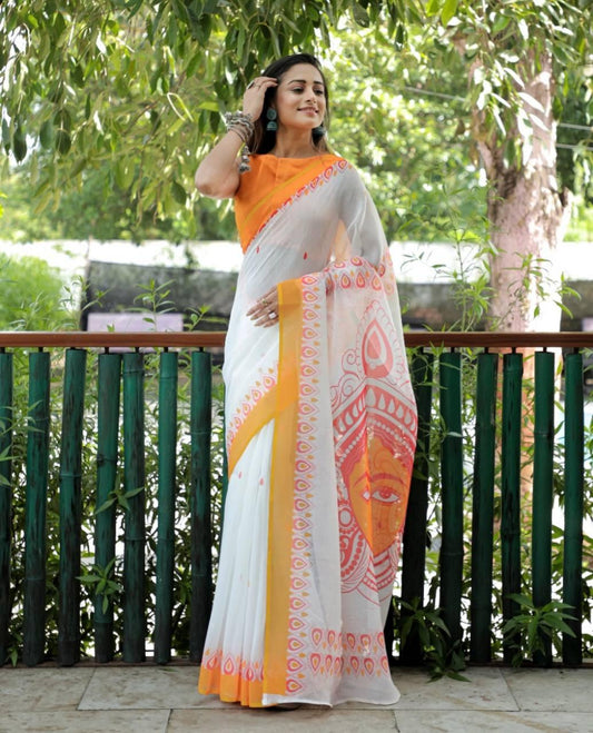 White Color Linen Digital Printed Saree - Ibis Fab