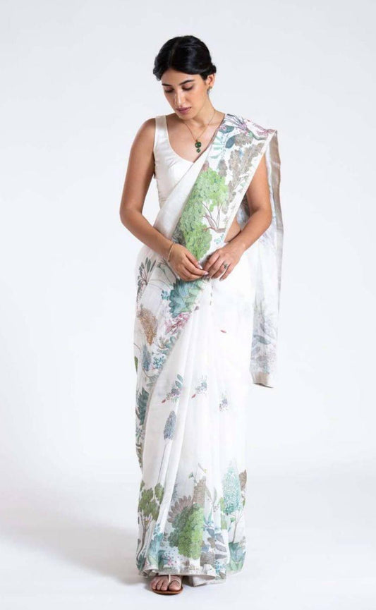 White Color Linen Fabric Saree with Blouse - Ibis Fab