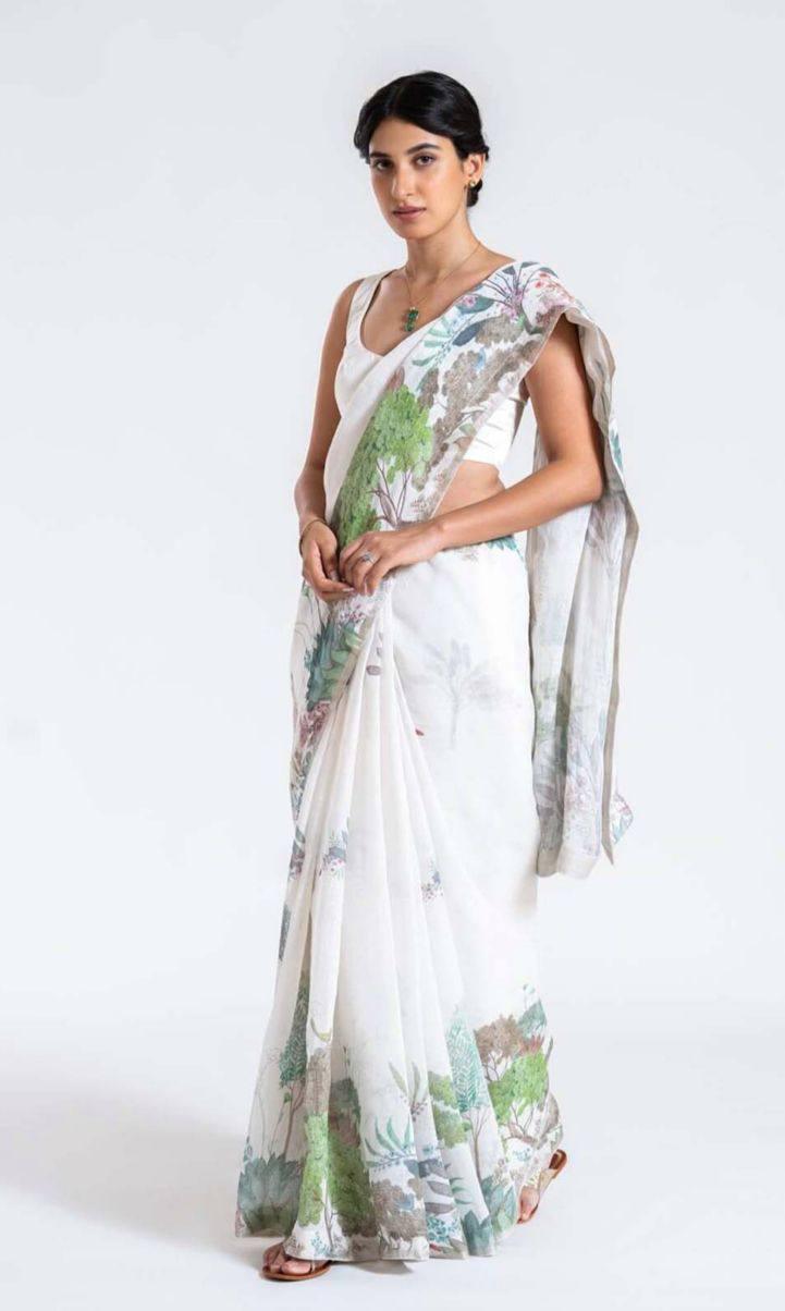 White Color Linen Fabric Saree with Blouse - Ibis Fab