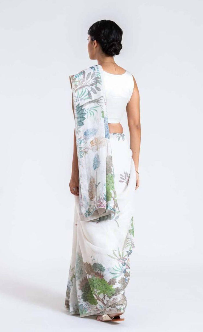 White Color Linen Fabric Saree with Blouse