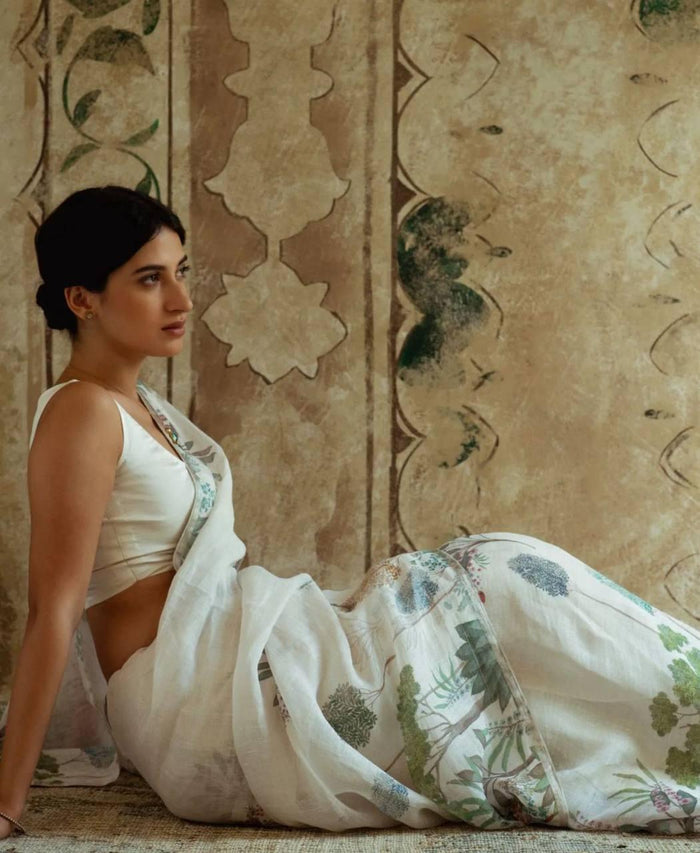 White Color Linen Fabric Saree with Blouse