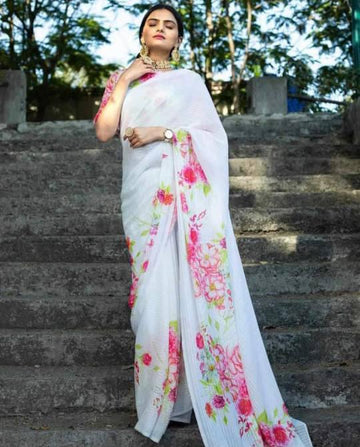 white colour original linen saree