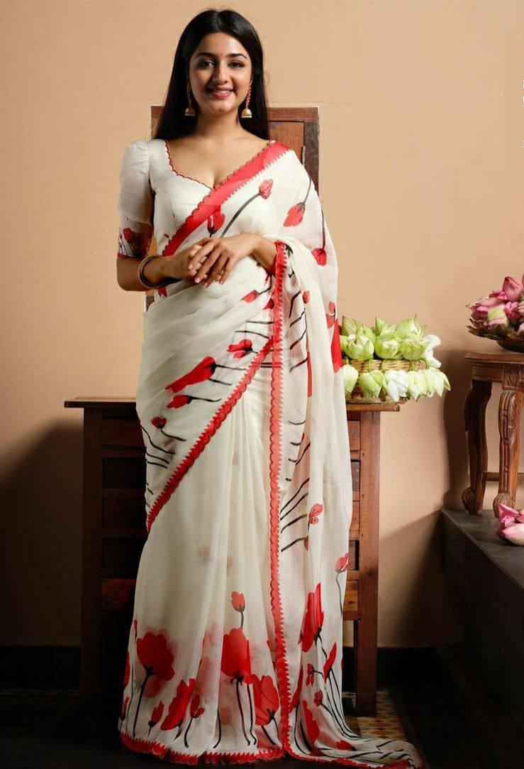 White digital printed flower Linen saree - Ibis Fab