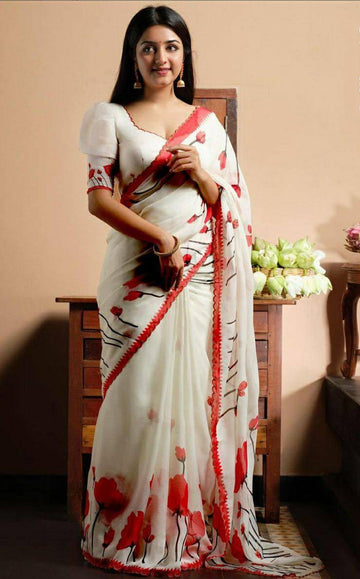 White digital printed flower Linen saree