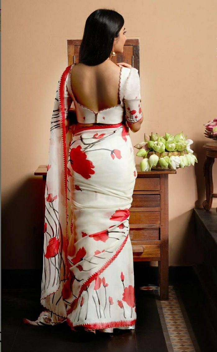 White digital printed flower Linen saree - Ibis Fab