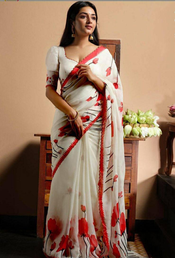 White digital printed flower Linen saree - Ibis Fab