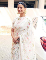 White Printed Linen Saree - Ibis Fab