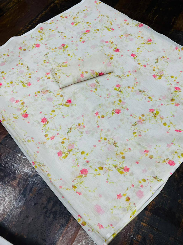 White Printed Linen Saree