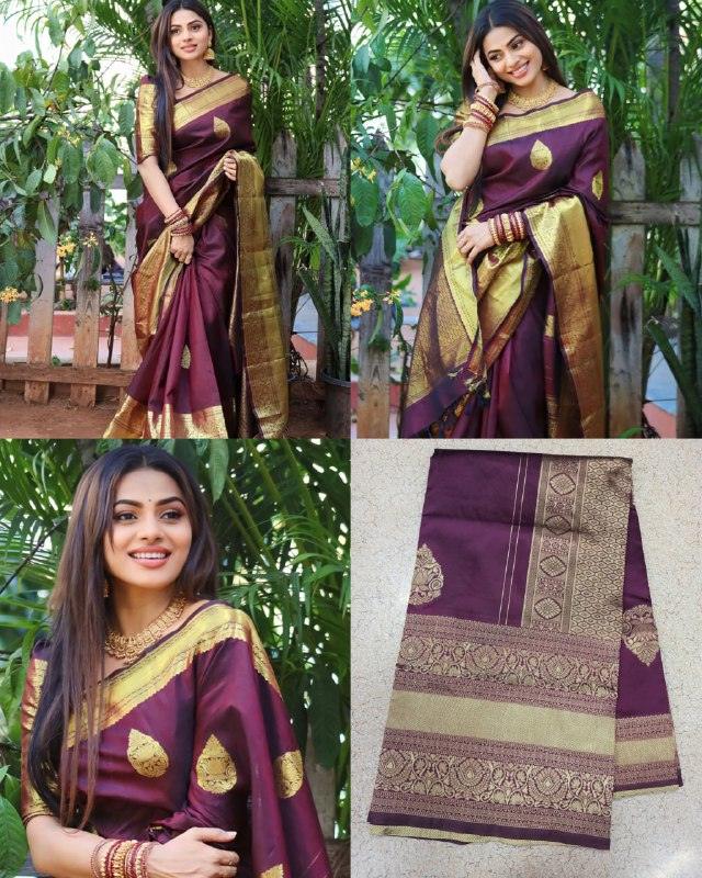Wine Banarasi Soft Silk Saree