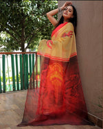 Women's Cream Pure Linen Saree with Blouse Piece - Ibis Fab