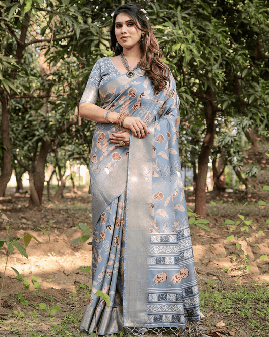 Women's Perfect Blue Jacquard Silk Saree With Zari Border Blouse Piece - Ibis Fab