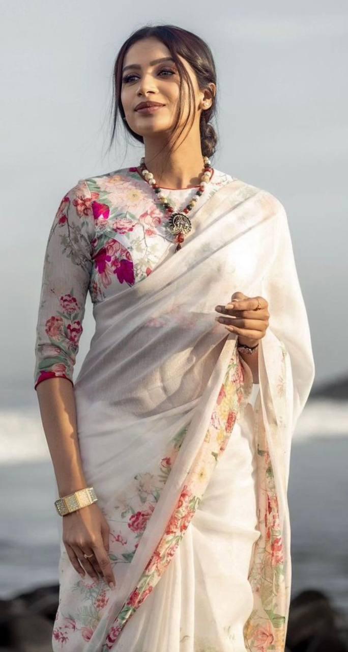 Women`s New Linen Digital Printed Saree with Blouse - Ibis Fab