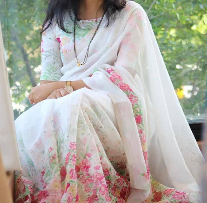 Women`s New Linen Digital Printed Saree with Blouse