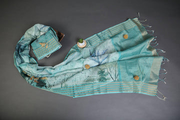 Wonderful Sky Blue Colored Cotton Linen Designer Printed Saree