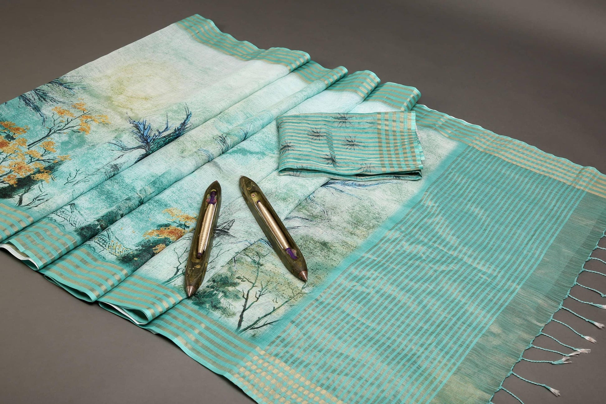 Wonderful Sky Blue Colored Cotton Linen Designer Printed Saree - Ibis Fab
