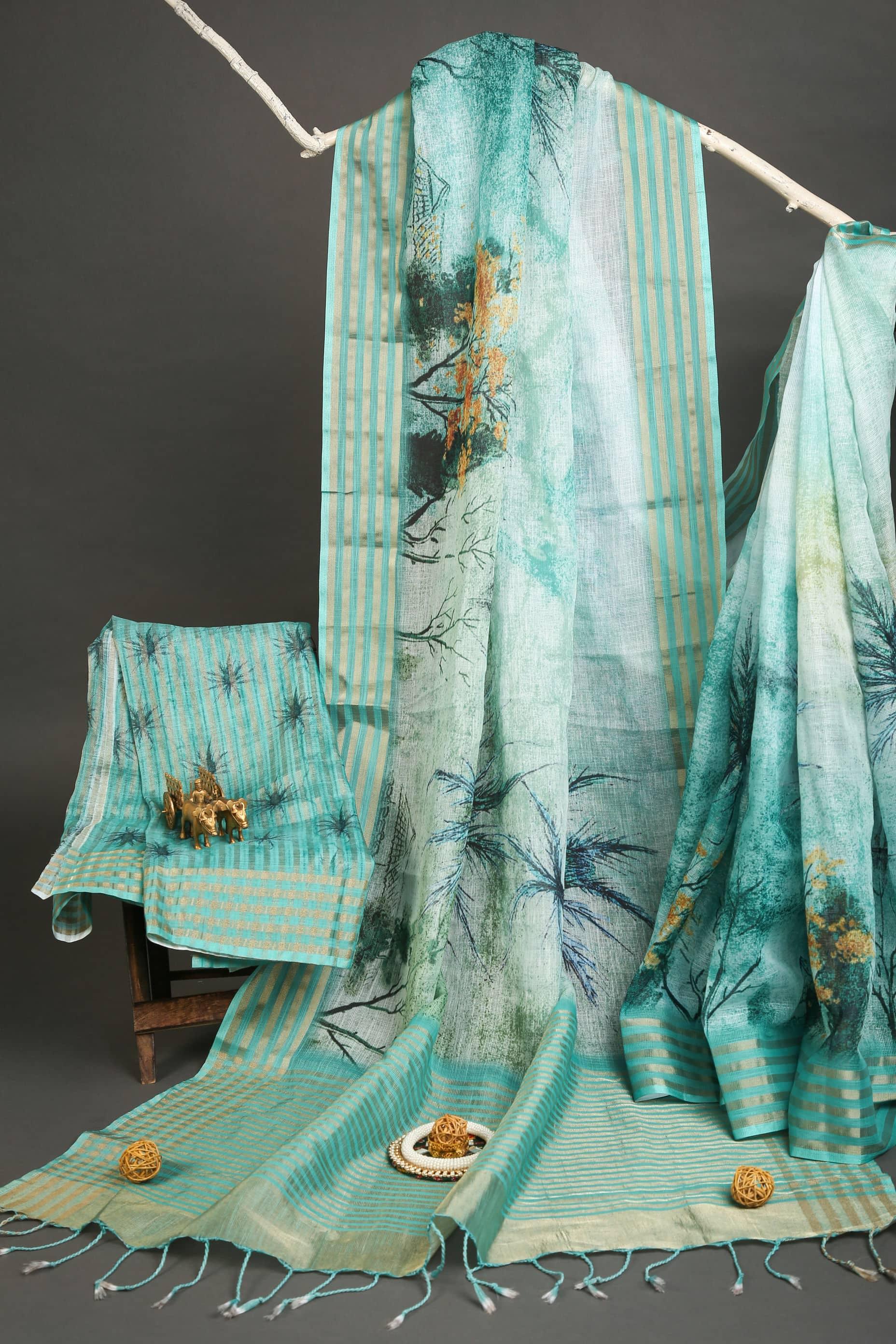 Wonderful Sky Blue Colored Cotton Linen Designer Printed Saree - Ibis Fab