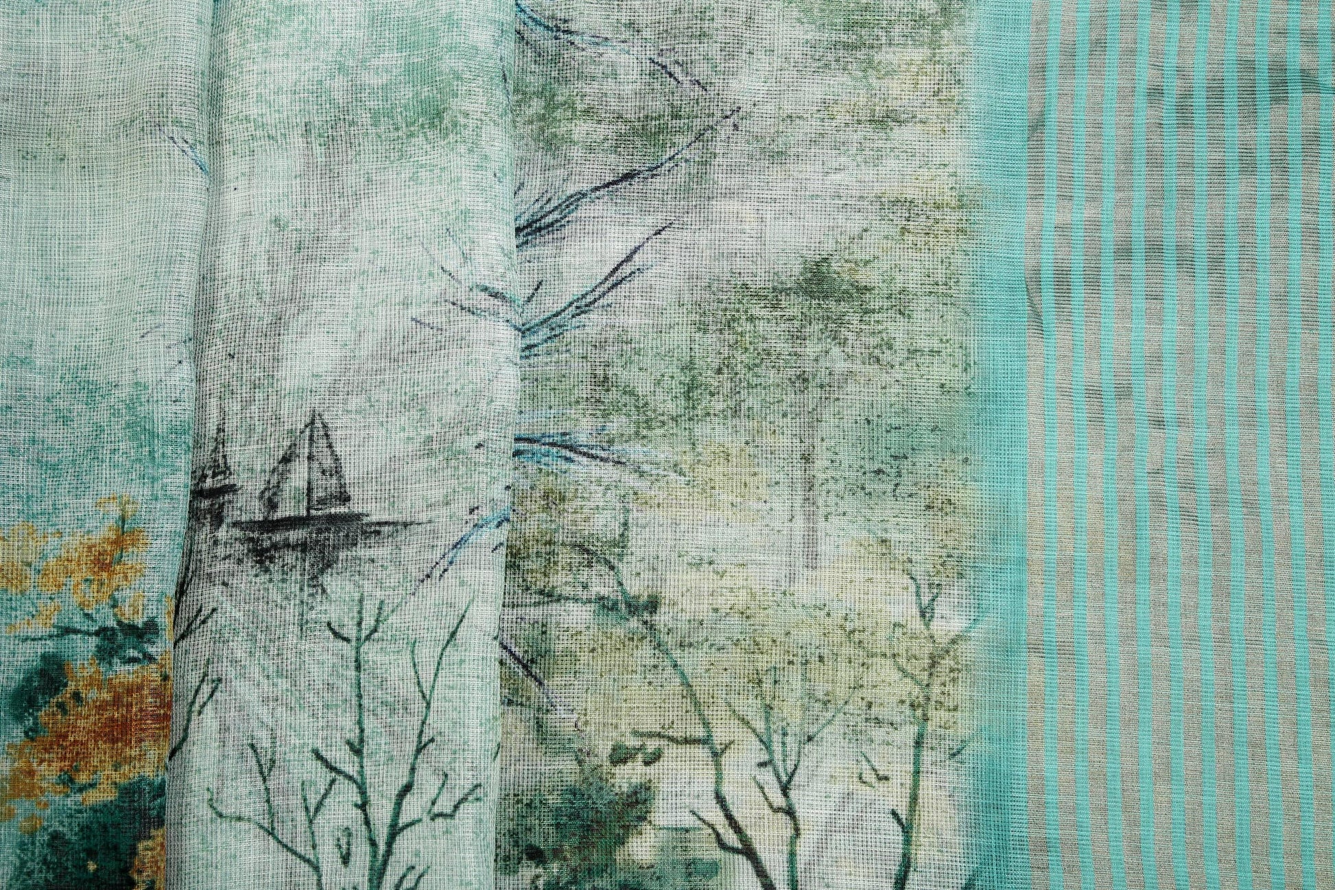 Wonderful Sky Blue Colored Cotton Linen Designer Printed Saree - Ibis Fab