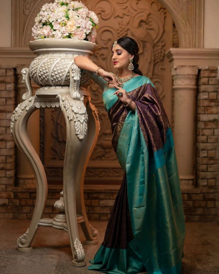 Woven Zari Broad Border Silk Teal Blue Saree