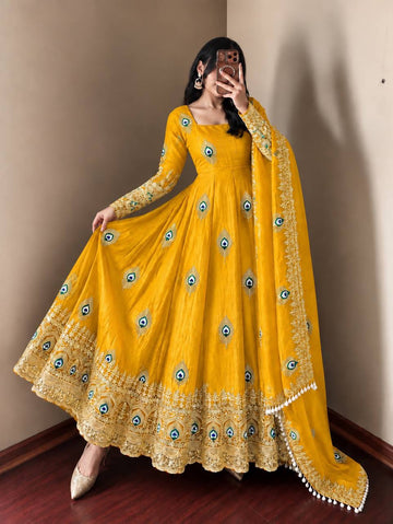 Yellow Silk Embroidered Anarkali Gown