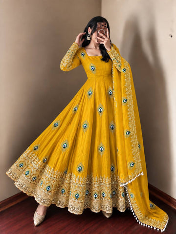 Yellow Silk Embroidered Anarkali Gown